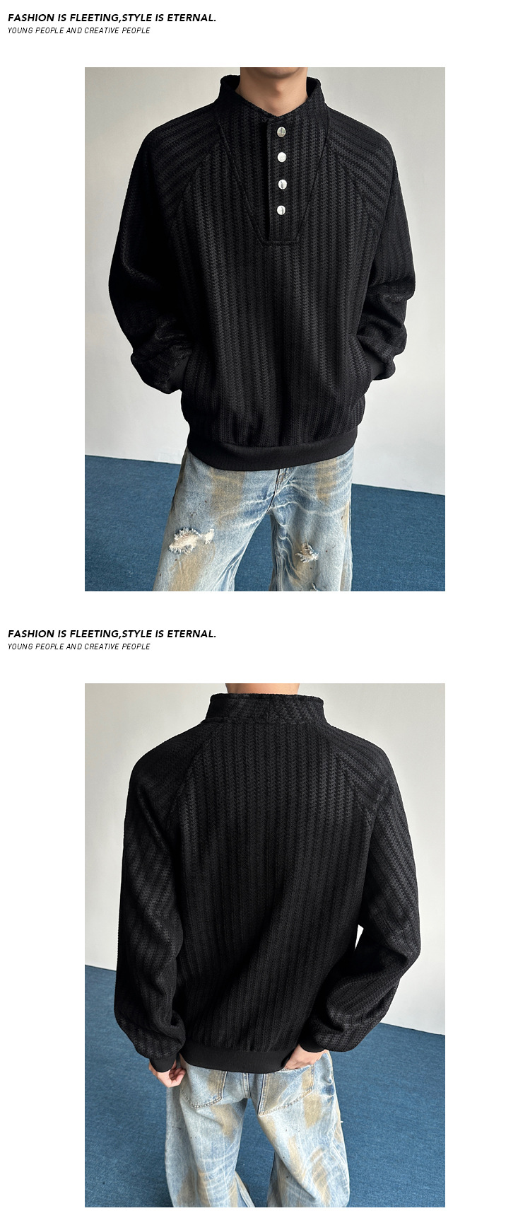Unisex Fishbone Striped Henley Sweatshirt Autumn Designer Style_voghion.com