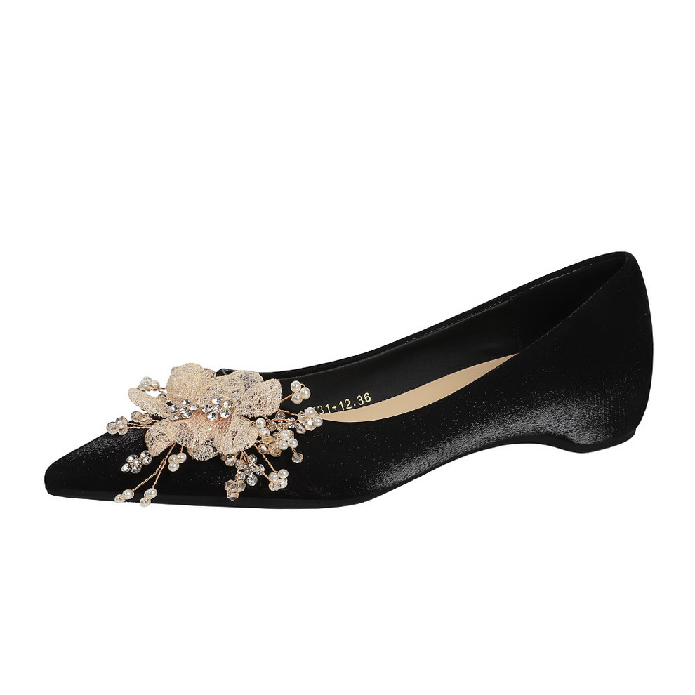 531-12H97 French banquet silk single shoe with shallow mouth, women's rhinestone flower decoration pointed flat heel shoes