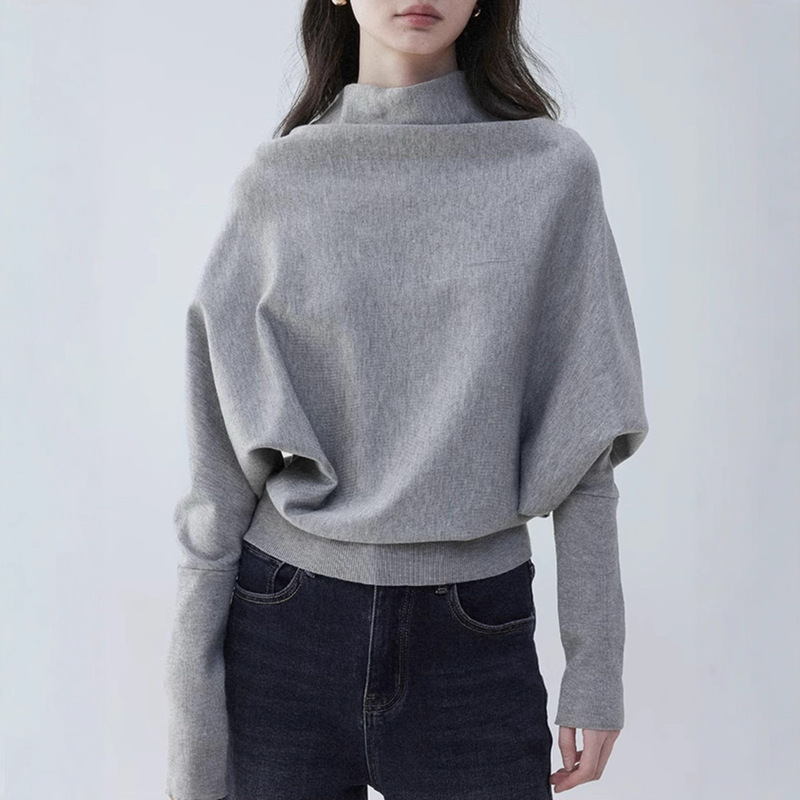 "Mustard Pie Vooe" Half Turtleneck Bat Sleeve Pullover Knitwear for Women Early Spring Pure Color Design Loose Top