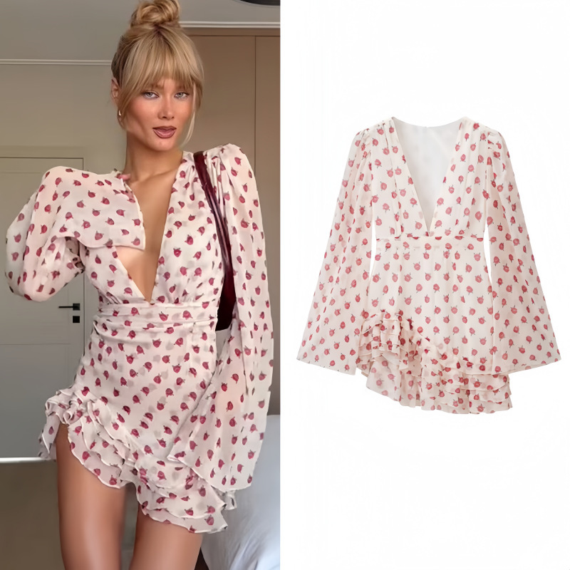 Pb&Za Cross-Border European and American Women's Clothing 2026 New Sexy V-Neck Printed Irregular Chiffon Long-Sleeved Dress Pb&Za Cross-Border European and American Women's Clothing 2026 New Sexy V-Neck Printed Irregular Chiffon Long-Sleeved Dress