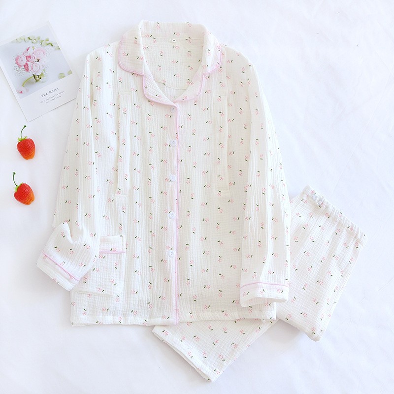 ZHY 흰색 배경 작은 꽃 크레이프 감금 옷