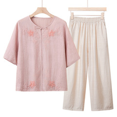 お母さんの洋気丸首半袖シャツセット2025夏の新型中高年婦人服はゆったりしていて痩せています。