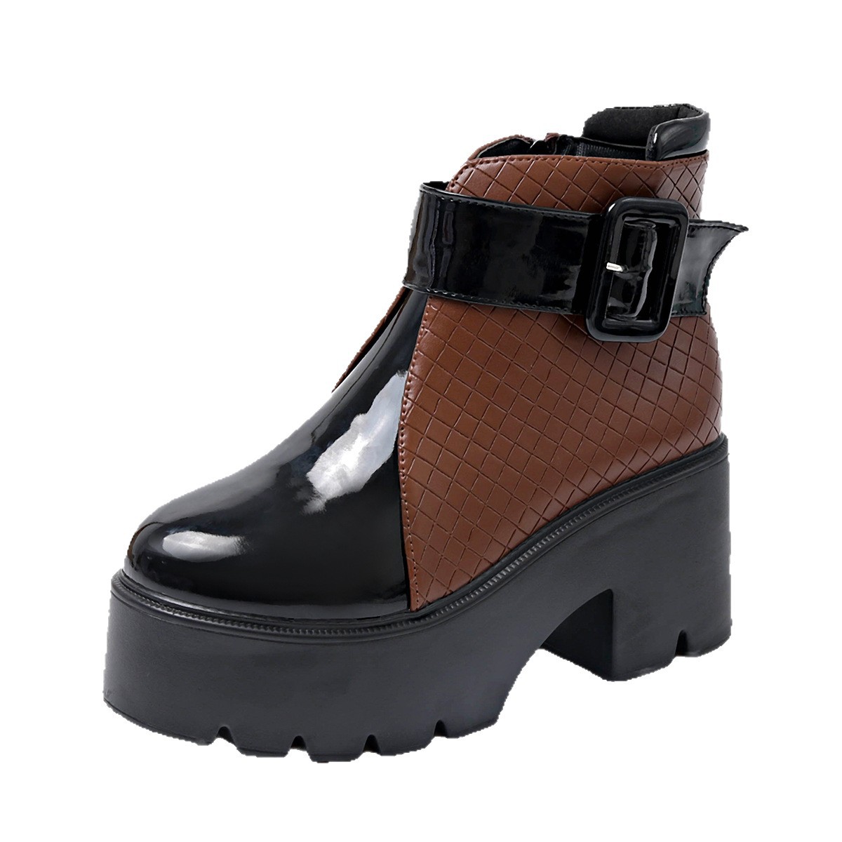 Dames enkellaarsjes met hoge hakken in Britse stijl, gesp en ritssluiting aan de zijkant, retro mode, plus size, herfst_voghion.com