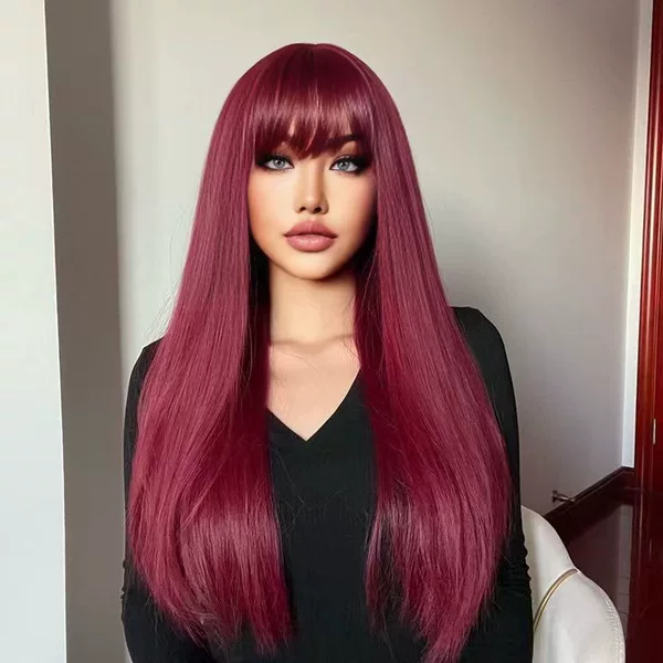 European and American Hot-Selling Black Natural Long Straight Hair Wig with Bangs, Cross-Border Popular High-Temperature Synthetic Fiber Full Wig Manufacturer