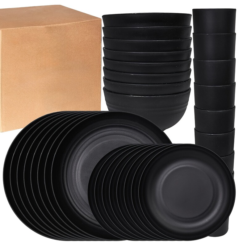 32 Pieces of Wheat Straw Tableware, Rice Bowls, Soup Bowls, Unbreakable Plastic Plates, Bowls, Cups Set, Home Kitchen Party