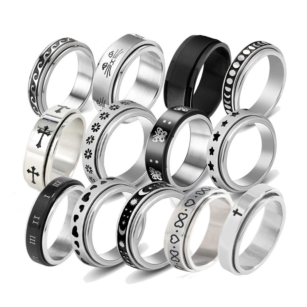 Cross-Border Popular Product, Rotatable Ring with Engraving, Titanium Steel Ring, Fashionable Stainless Steel Jewelry for Men, Factory Wholesale