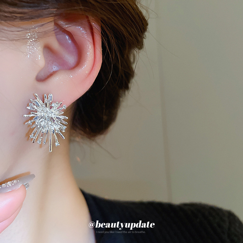 Pendientes de fuegos artificiales de diamantes transfronterizos con aguja de plata Pendientes de todo fósforo de nicho para mujeres Pendientes de temperamento de moda Lujo ligero Sentido de alta gama