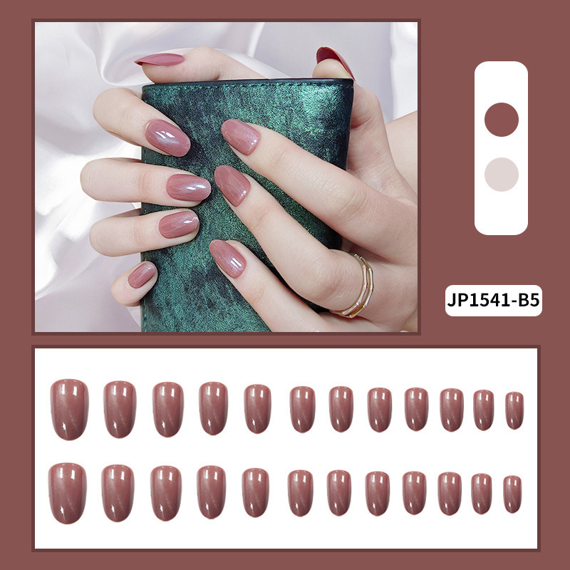 Frijol sólido ojo de gato manicure simple temperamento suave retrógrado 24 piezas de uñas falsas parches de uñas