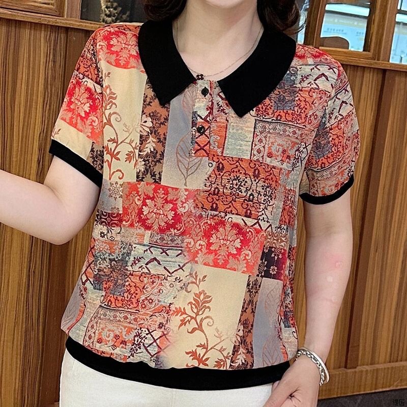 Mom's Summer Thin High-End Doll Collar Design, Breathable and Slimming, Short-Sleeved Flesh-Covering Top for Middle-Aged and Elderly Women