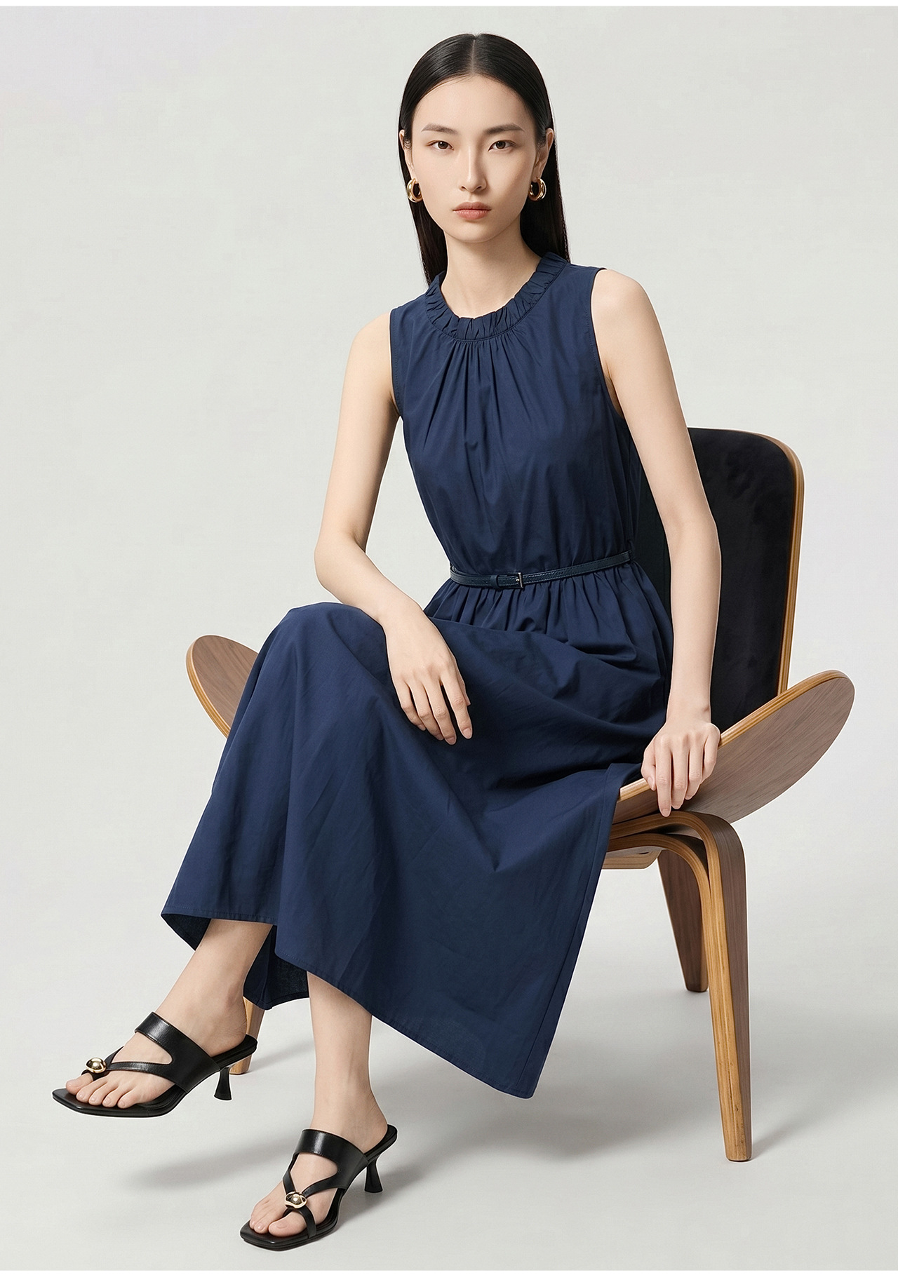 Đầm maxi nữ thắt eo không tay chất cotton phong cách Pháp cổ điển — xanh lam chi tiết 4
