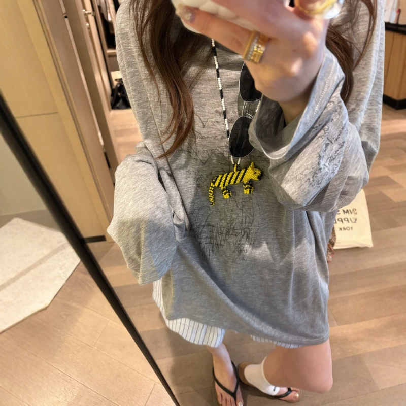 Vintage Niche Graffiti Print Linen Long-Sleeve Thin T-Shirt for Women, Casual Loose Fit, Slimming and Versatile Top