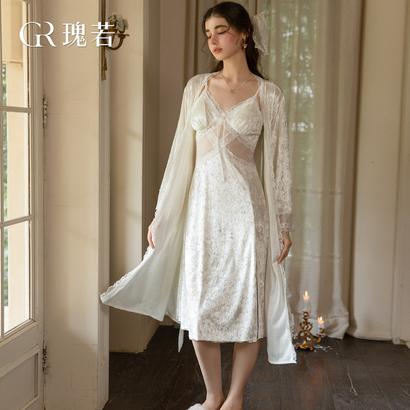 DZ Guiruo Women's Sexy Velvet Sweet Lace See-Through Detachable Chest Pad Slit Tie-Back Nightgown Robe 7768 DZ Guiruo Women's Sexy Velvet Sweet Lace See-Through Detachable Chest Pad Slit Tie-Back Nightgown Robe 7768