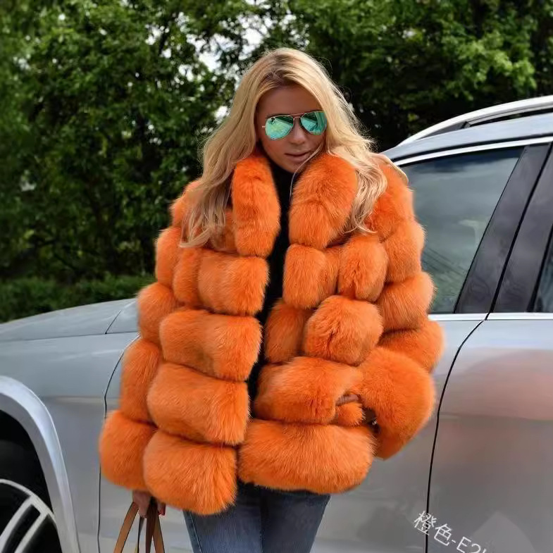 Cross-Border Foreign Trade European and American Style Loose-Fitting Solid Color Rabbit Fur Coat Versatile Elegant Mid-Length Loose Fit