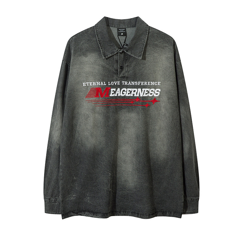 TKPA Washed Denim Letter Embroidered Collar Sweatshirt Street Style Men Women Vintage Loose Hoodie