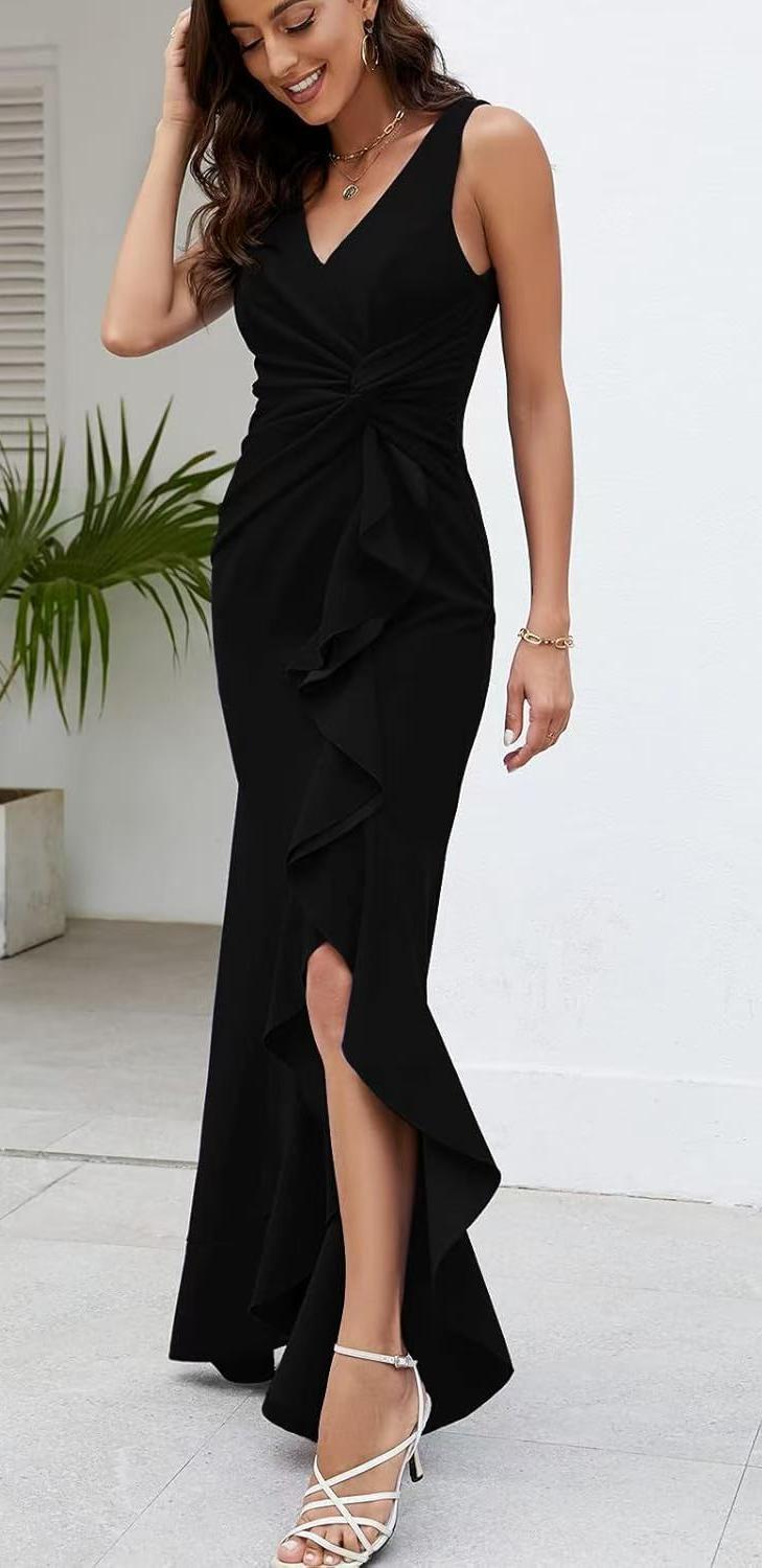 V neck Sleeveless Slim Fit Elegant Ruffled Split Long Evening Dress