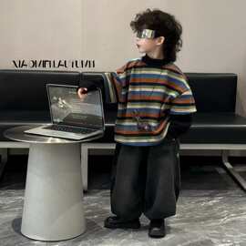 儿童冬季加绒卫衣牛仔裤套装2025新款加绒条纹卫衣牛仔灯笼裤套装