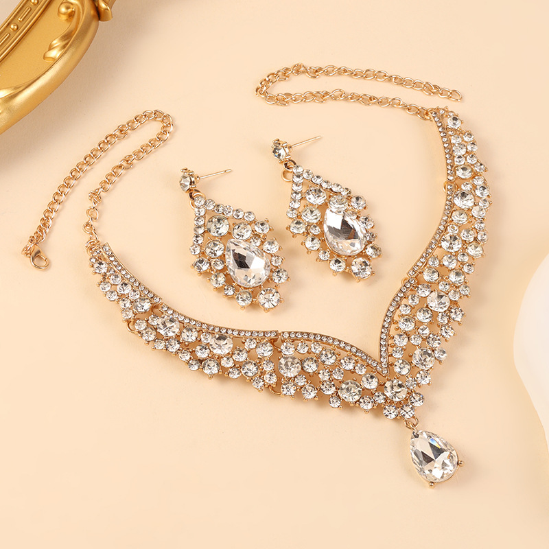 Conjunto de joyería de diamante transfronterizo, collar europeo y americano, pendientes de dos piezas, joyería de diamante de lujo de alto nivel.