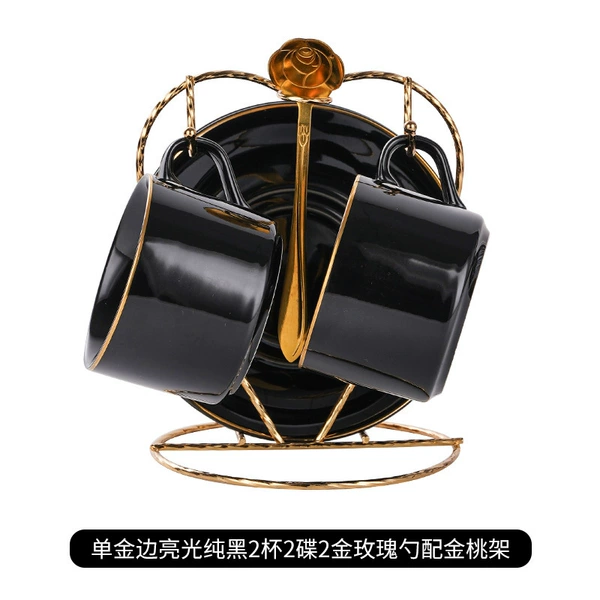 Glossy single gold edge black 2 cups and saucers gold spoon with gold stand