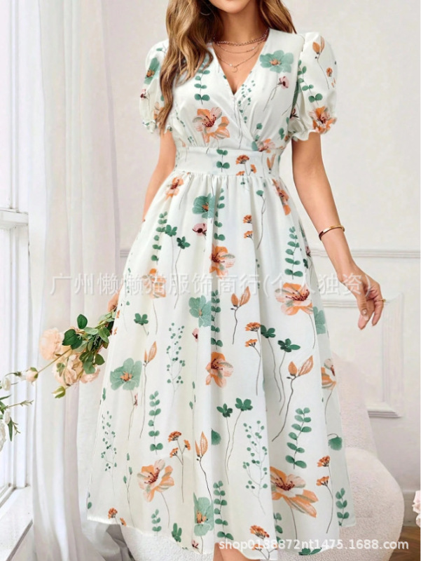 2025 夏ヨーロッパとアメリカの貿易クロスボーダー婦人服アマゾン人気のラウンドネック花びら袖半袖ミドル丈プリントドレス|undefined