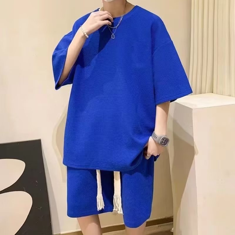 Estilo japonés waffle más tamaño traje juvenil verano casual deportes pantalones cortos de manga corta Camiseta de los hombres marca de moda de dos piezas conjunto