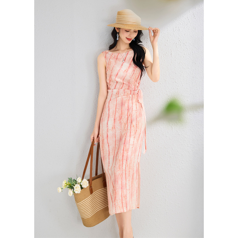 Silk Dress for Women, Summer 2026 New Style, Tie-Waist, Pure Desire Style, Sleeveless, Slit, Vacation Style, Mulberry Silk Long Dress