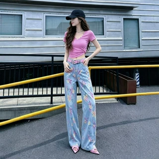 超火多巴胺酷飒休闲运动套装女夏季减龄短袖印花牛仔阔腿裤两件套