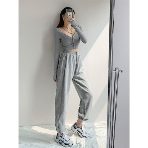 Black and Grey Ankle Pants for Women - Spring and Autumn  New Casual Sweatpants Loose Leggings for Petite Women with Drawstring and Harlon Design