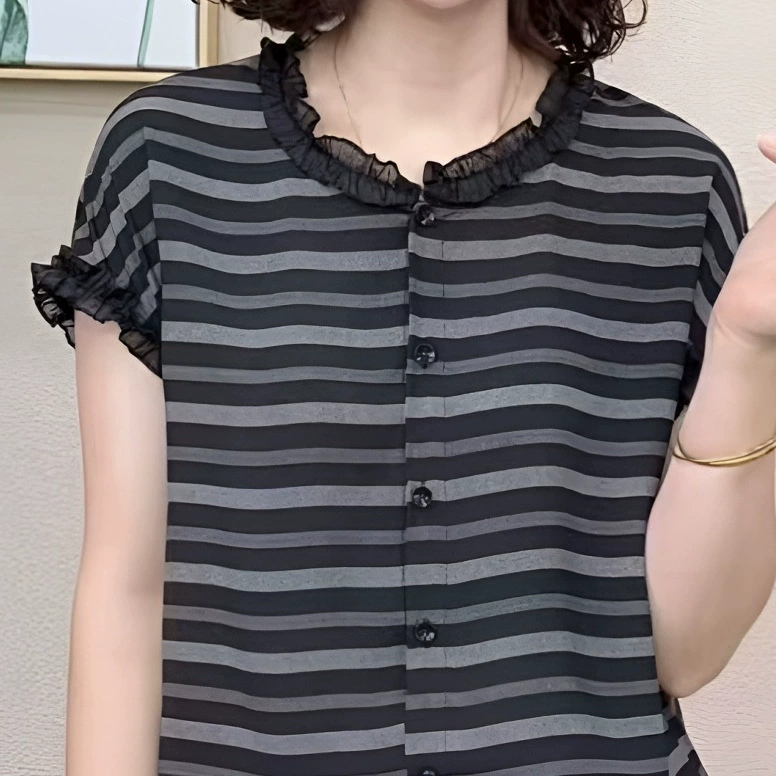 Женская элегантная универсальная футболка 2025 года, уменьшающая возраст, новая модная футболка, женские топы # 5787 полосатые короткие рукава