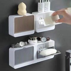 蓋付き石鹸箱、穴あけ不要の石鹸箱、二重コンパートメントの浴室用吸盤、大型壁掛けフリップトップ洗濯石鹸箱