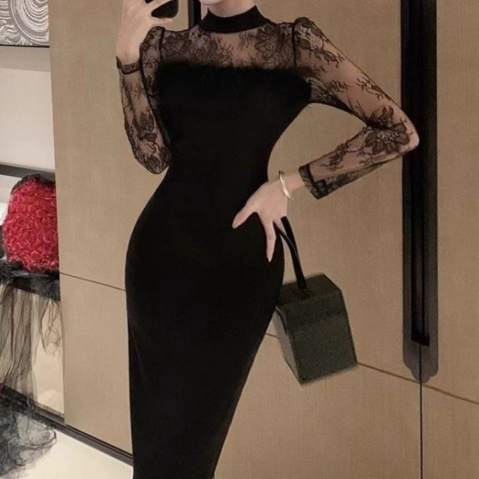 Hepburn-Style Formal Dress for Occasions, Black Sexy Bodycon Dress, Lace Banquet Dress, Slim Fit, Light and Elegant, Solid Color for Women