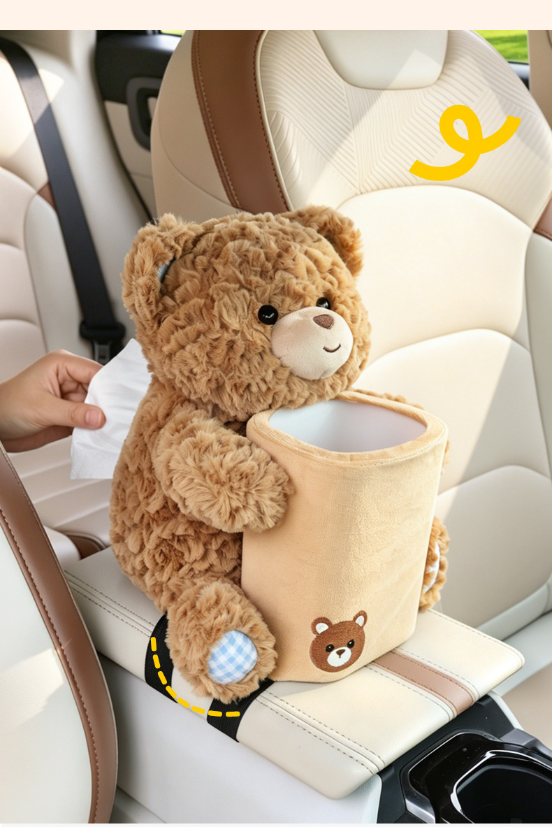 Cute Bear Car Tissue Box and Trash Can 2-in-1 Car Interior Storage Bin Plush Tissue Box Decoration