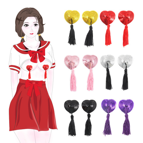 Adult women's products foreign trade tassel heart-shaped silicone nipple stickers sexy flirting women's sequined nipple stickers dropshipping