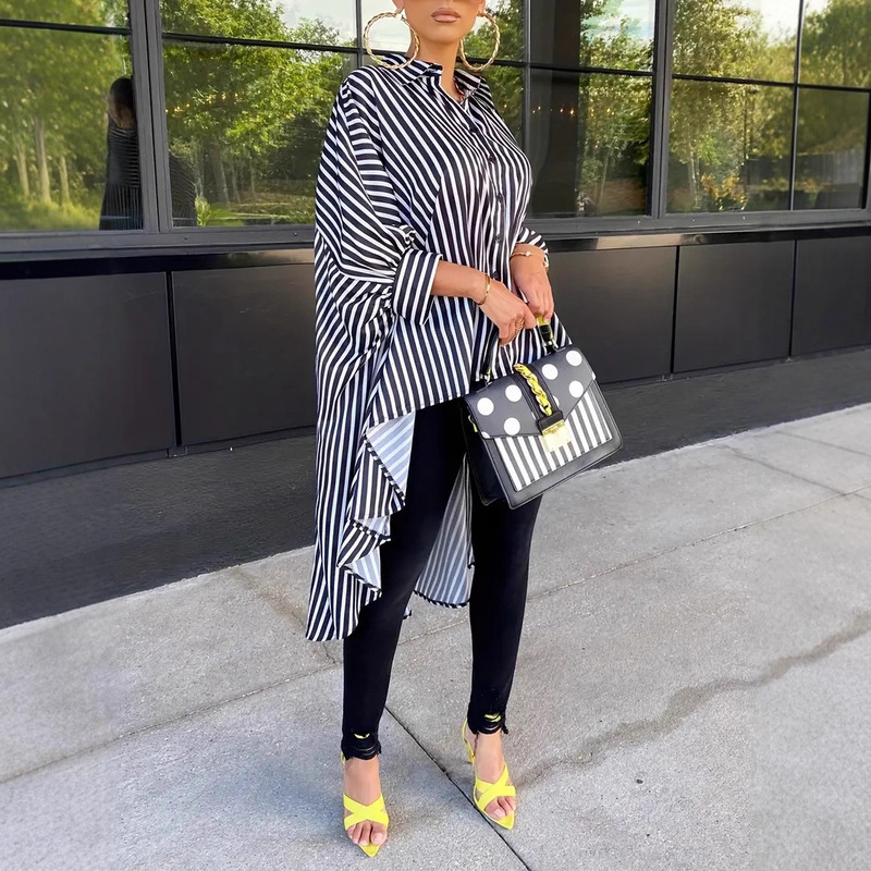 25 European and American Cross-Border Export Women's Clothing Elegant Elegant Fashionable Work Clothing Asymmetrical Hem One-Piece Long-Sleeved Shirt Shirt