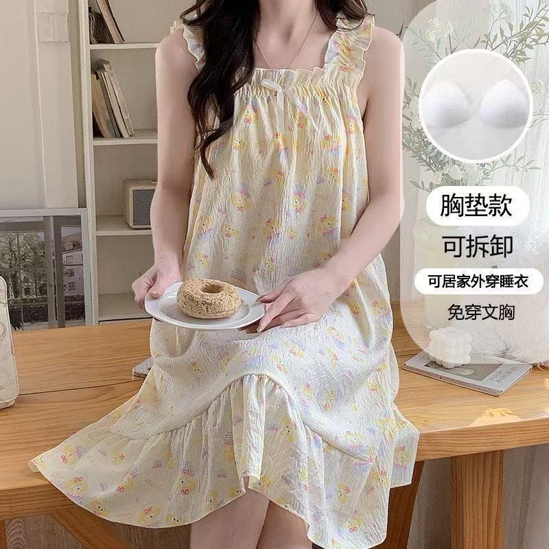 Summer Nightgown for Women with Breast Pads, Loose Cartoon Tank Top Dress, Internet Celebrity Nightgown, New Style Home Wear for Women