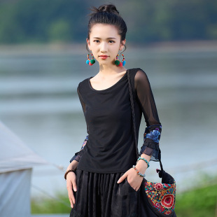 Summer new three-quarter sleeve T-shirt bottoming shirt Women's artistic style plus size mesh embroidery slimming T-shirt small shirt top