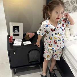 米奇儿童纯棉双层棉纱家居服外穿夏季2025新款宝贝印花短袖短