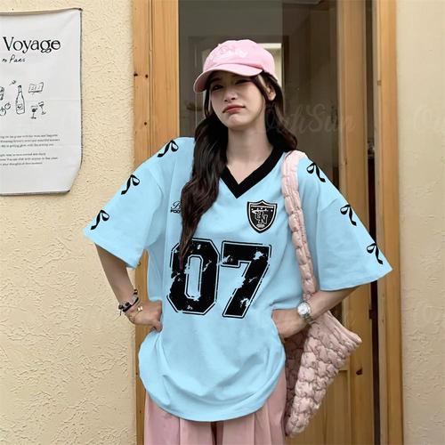 American-style high street casual sports baseball collar contrasting color short-sleeved long-sleeved T-shirt women's summer loose-fitting printed half-sleeved top