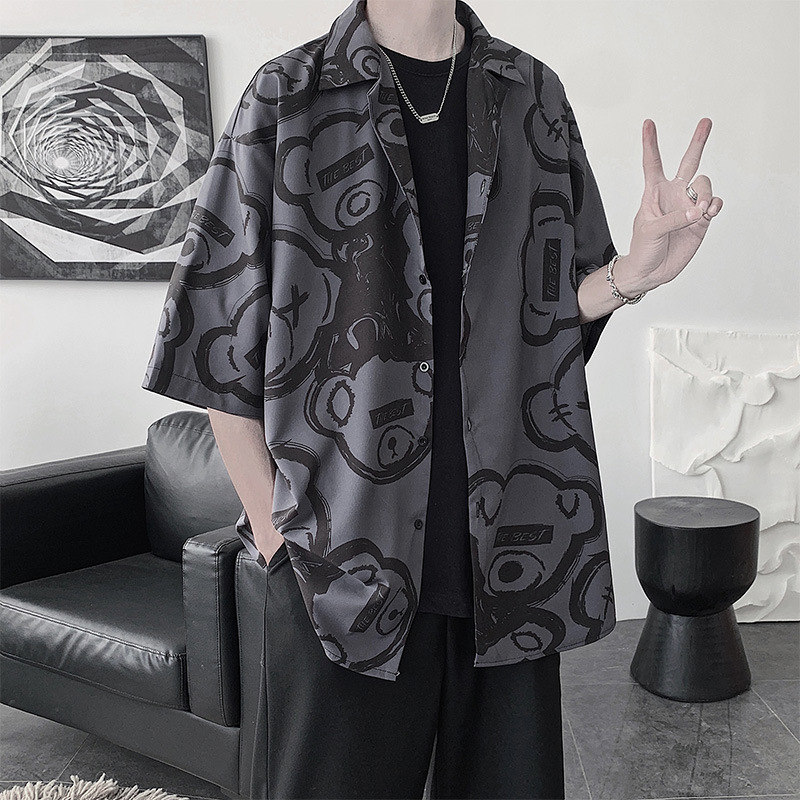 Short-sleeved Shirt Men's Korean-style Fashionable All-match Loose Summer Full Print Shirt Jacket ins Hong Kong-style Duffy Handsome Top