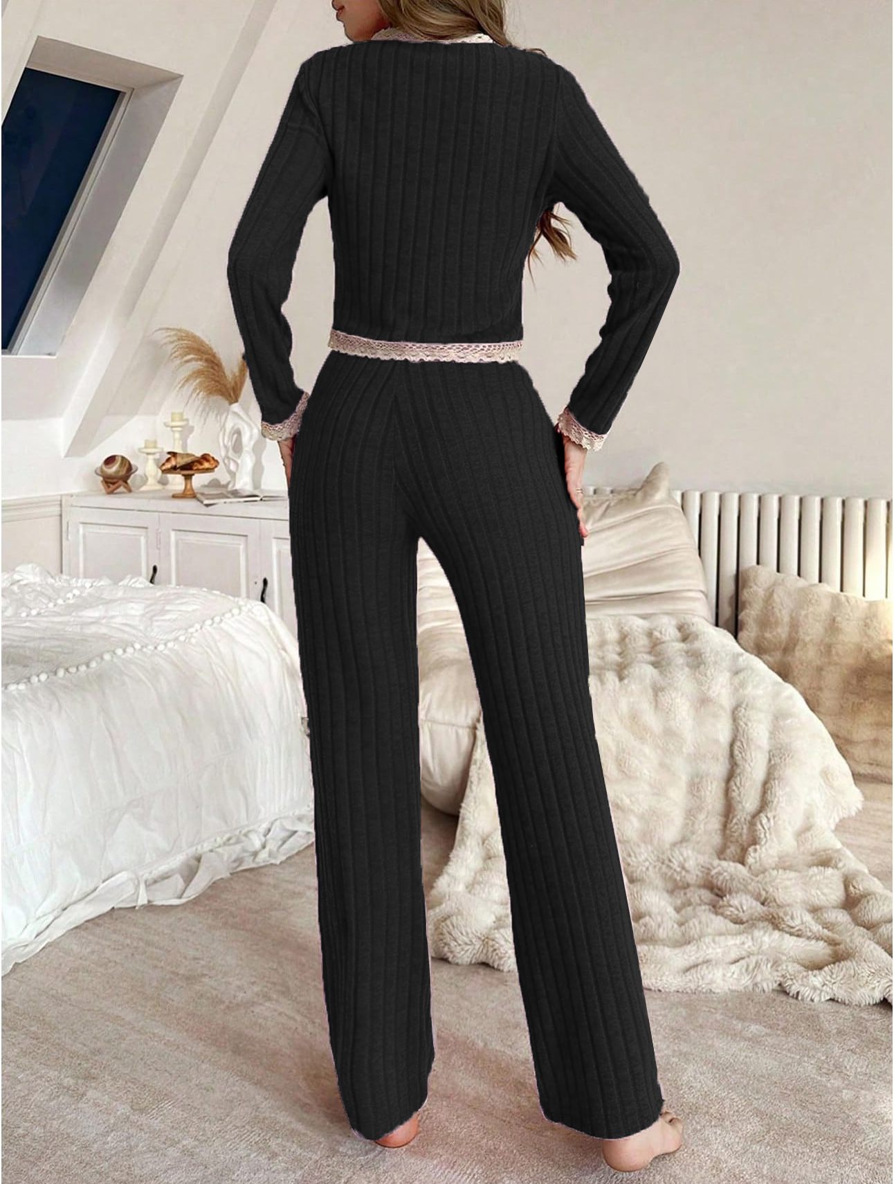 Women's Cropped Pajamas - Lace Trim Top & Pants Set, Stylish Home Wear_voghion.com