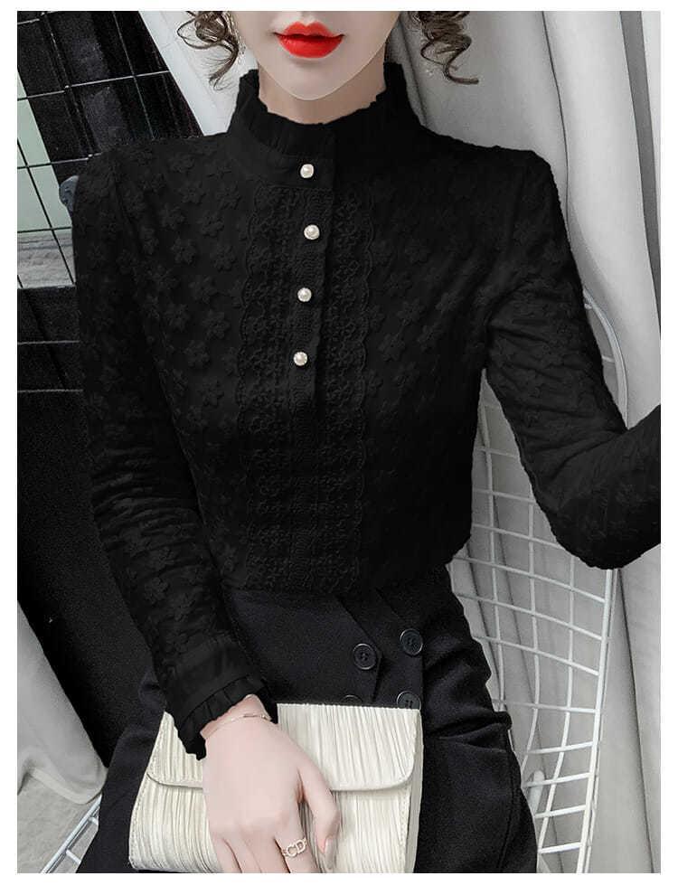 A high-end lace base layer shirt with added fleece and thickening for women in 2022, a stylish long-sleeved, warm and versatile top pic 21