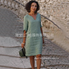 2025新款跨境外贸欧美女装亚马逊独立Z夏季纯棉棉麻V领中袖连衣裙