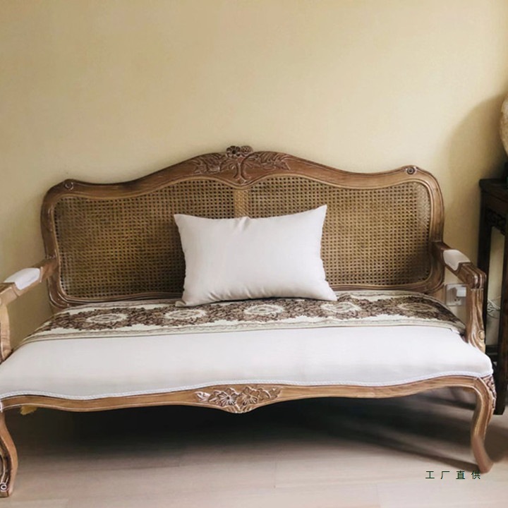 美式乡村实木雕花法式藤编金色做旧双人三人沙发影楼摄影民宿沙发