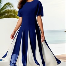 欧美大码撞色雪纺拼接圆领短袖大摆连衣裙春夏款女装