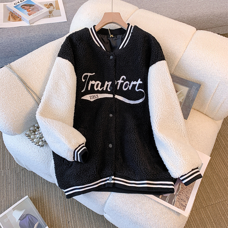 Women's Clothing 130 320 Large Size Women's Thick Polar Fleece Baseball Jacket Autumn And Winter Style Fat Girl Casual Embroidery_voghion.com