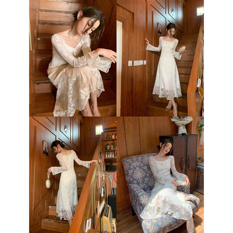 French-style square-neck lace jacquard dress for women, new summer model, waist-cinching, slimming, long-sleeved dress