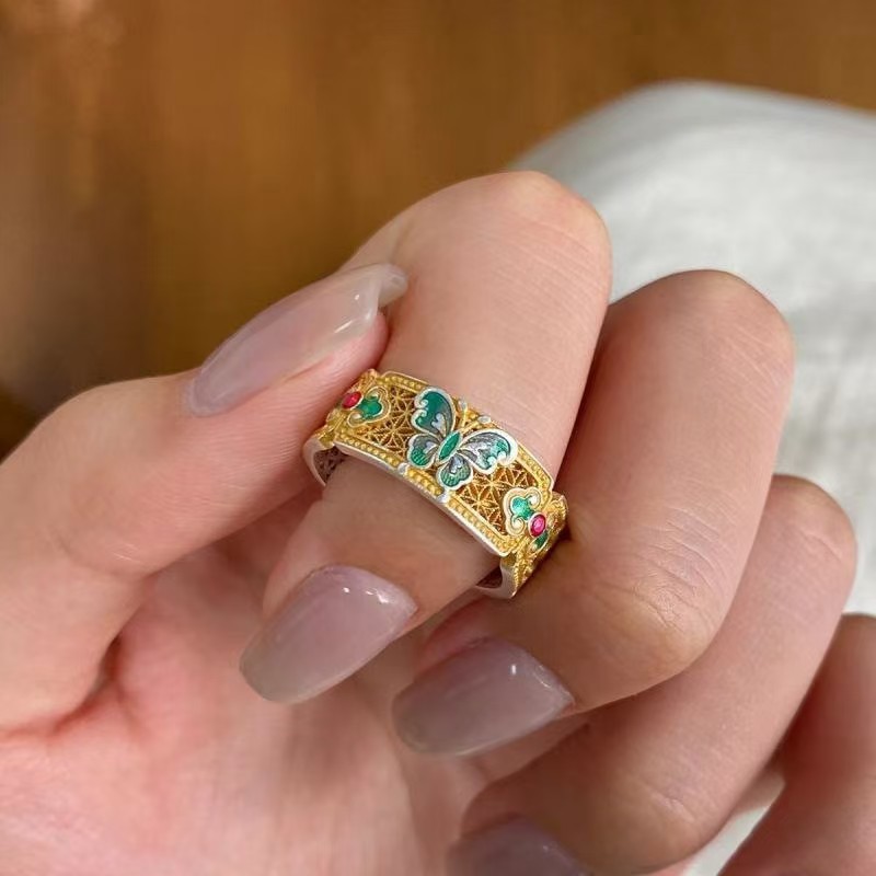 パーソナライズされたホワイトブルーエナメルオイルドリップバタフライオープンリング女性用ニッチハイエンドライトラグジュアリーオールマッチングカップルリング|undefined