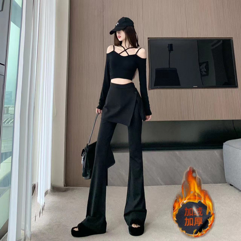 Cross-Border High-Waisted Retro Faux Two-Piece Flared Pants for Women, 2025 Autumn and Winter New Design, Short Skirt Spliced Slimming Trousers