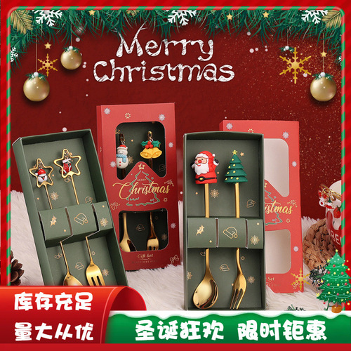Stainless steel Christmas spoon set Christmas tableware coffee spoon fruit fork cartoon Christmas doll spoon fork