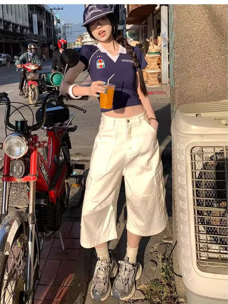 美式复古白色阔腿多口袋工装牛仔裤女夏季新款高腰宽松直筒七分裤|undefined