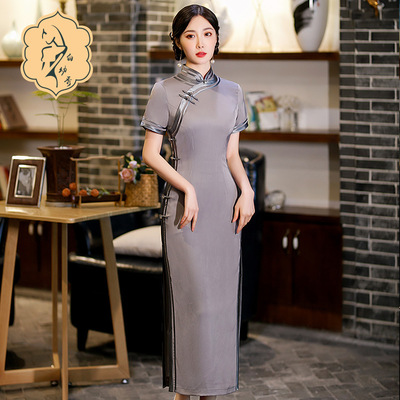 Women Chinese dress Oriental Retro Qipao Cheongsam model show miss etiquette dress long cheongsam wholesale high split collar short sleeve dress daily model